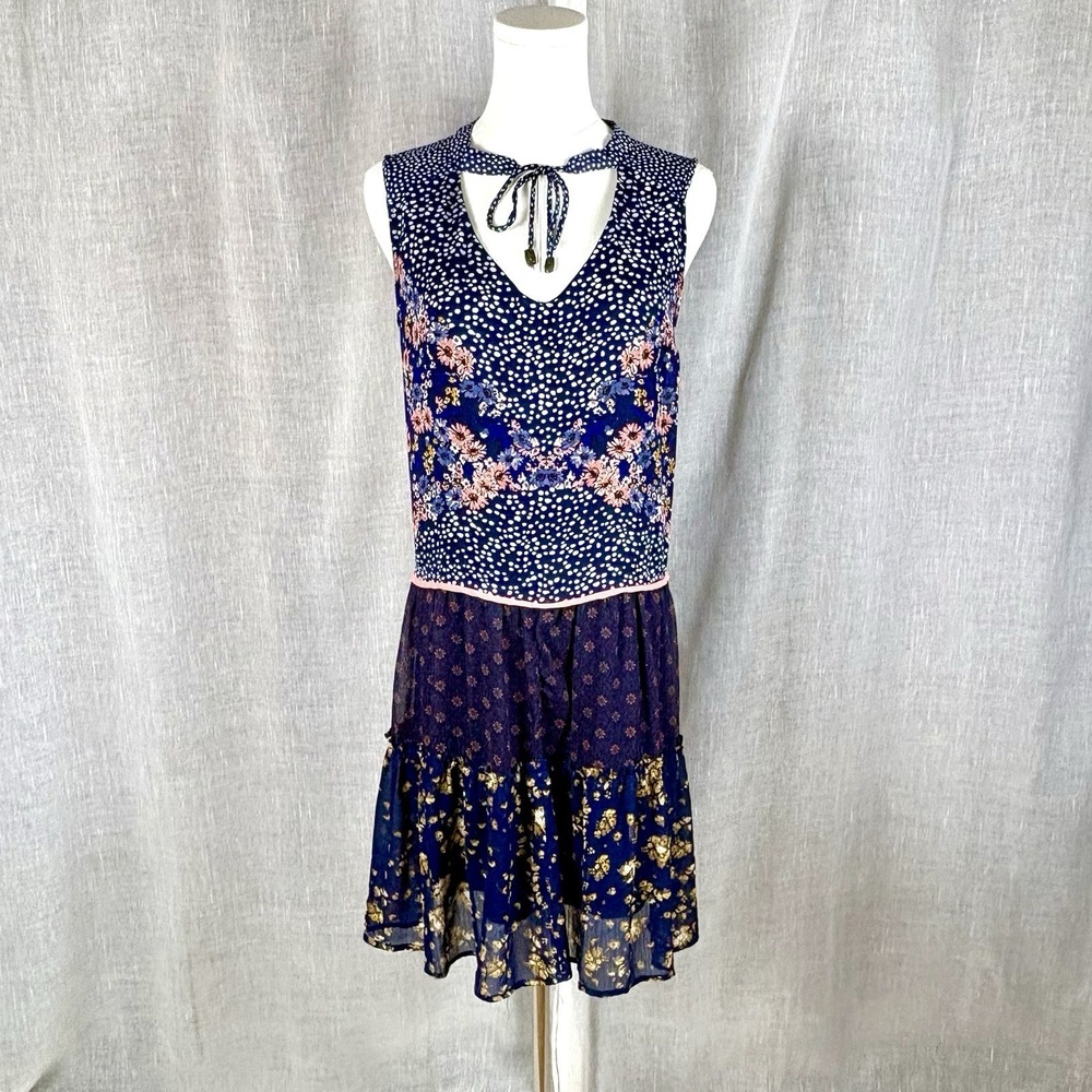Patchwork Babydoll Boho Fairy Dress  Polka Dot 192 Flapper Vibe Size xL Navy